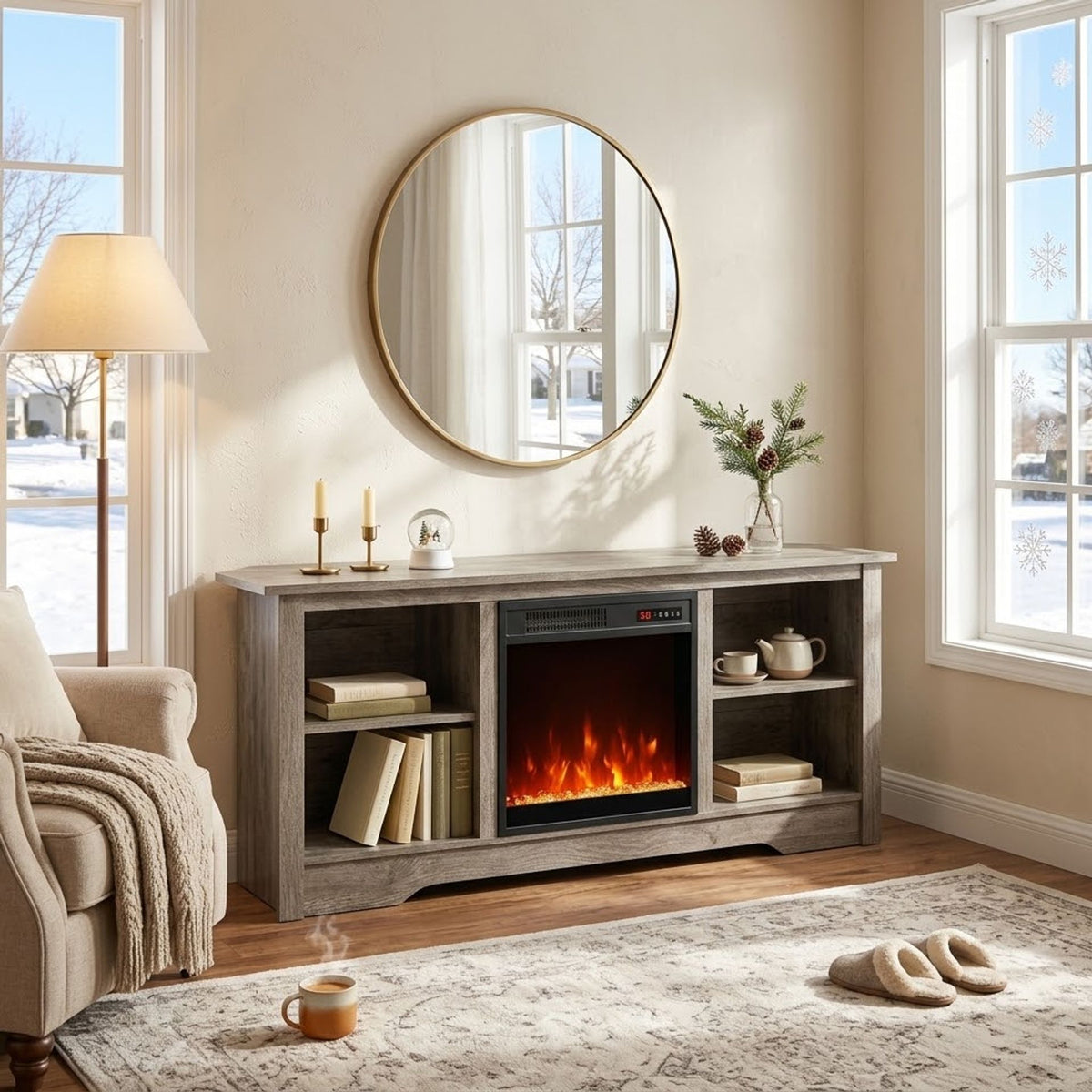TV Stand and Electric Fireplace Set with Adjustable Flame Effects-Grey