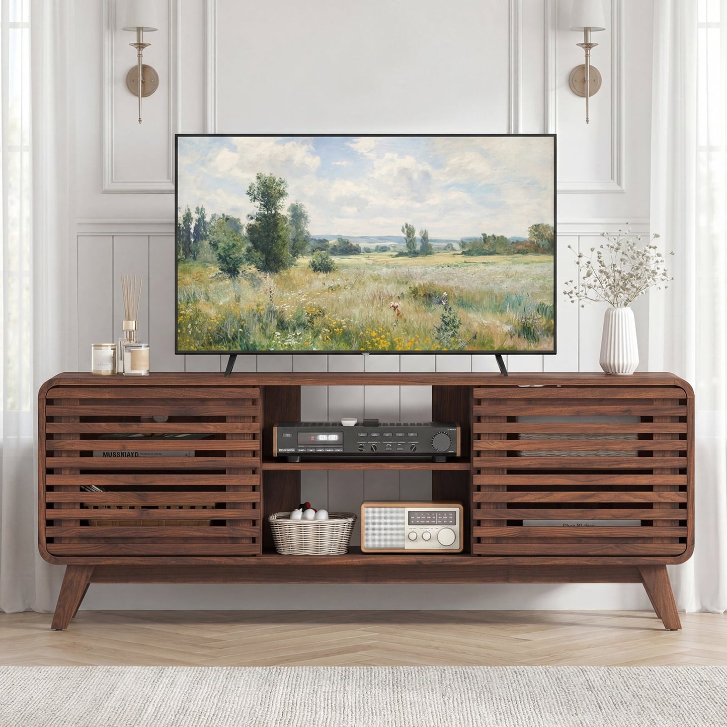 TV Stand for 65" TVs Mid Century Modern Entertainment Center-Walnut
