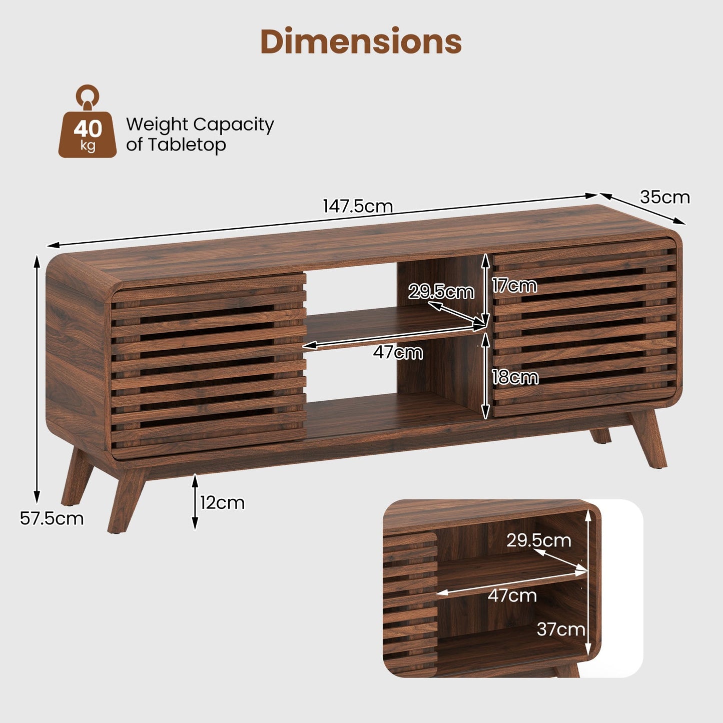 TV Stand for 65" TVs Mid Century Modern Entertainment Center-Walnut