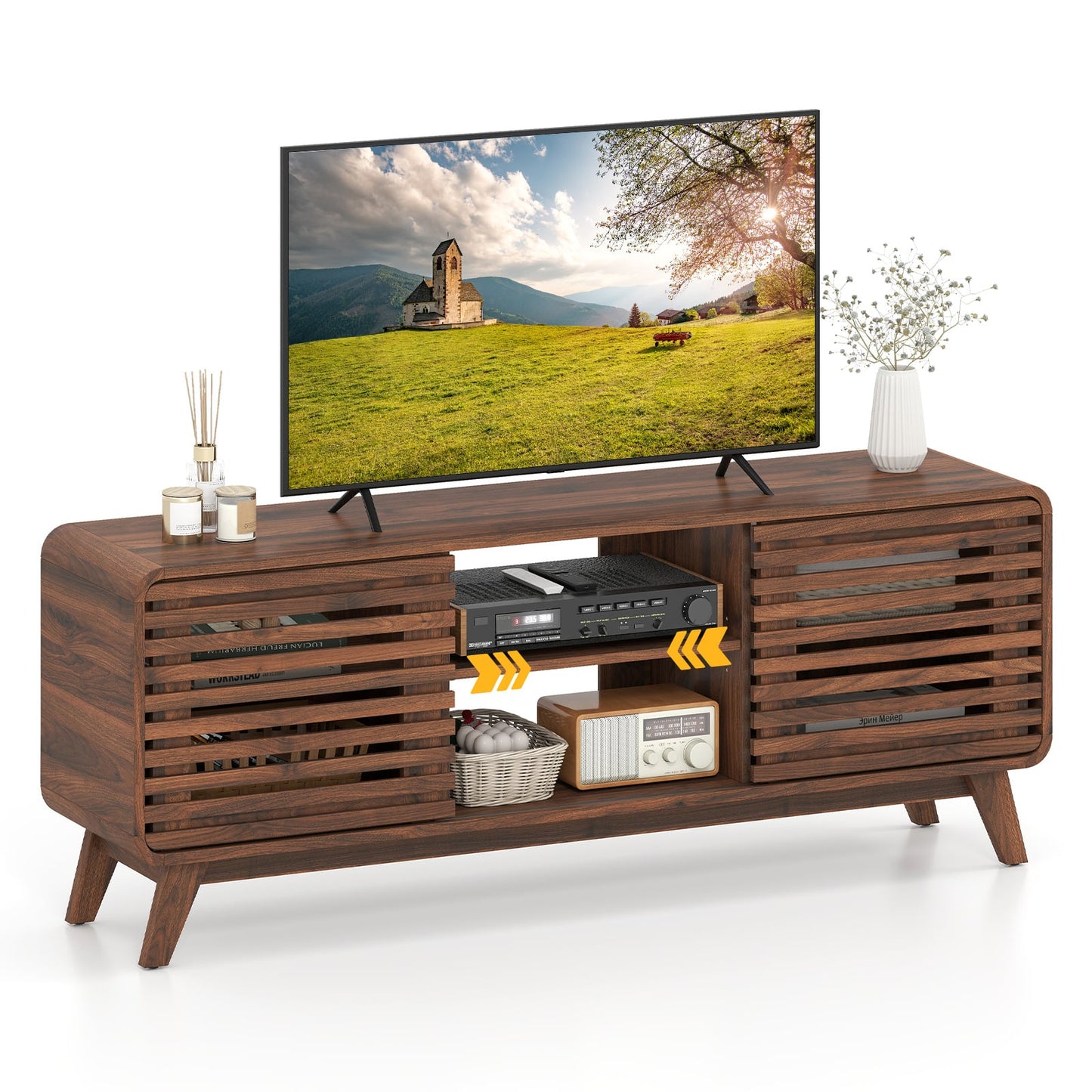 TV Stand for 65" TVs Mid Century Modern Entertainment Center-Walnut