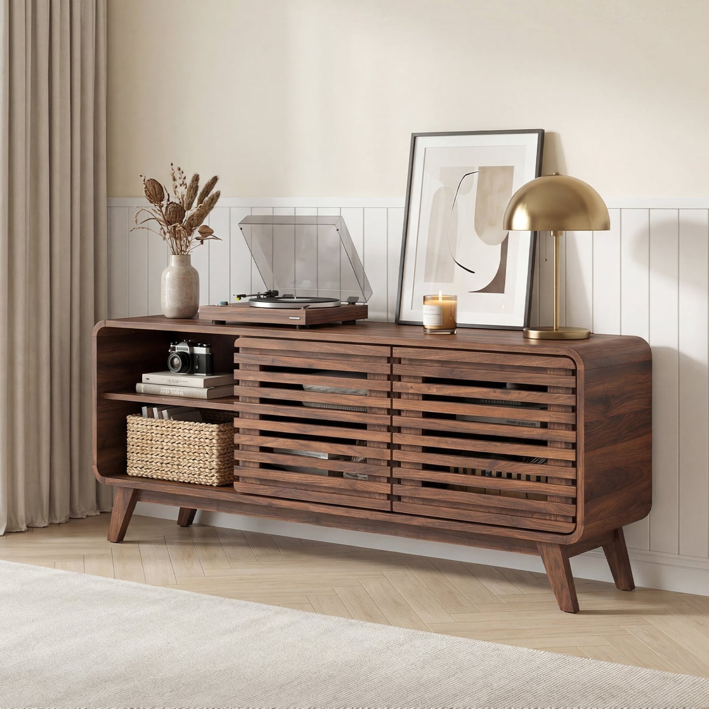 TV Stand for 65" TVs Mid Century Modern Entertainment Center-Walnut
