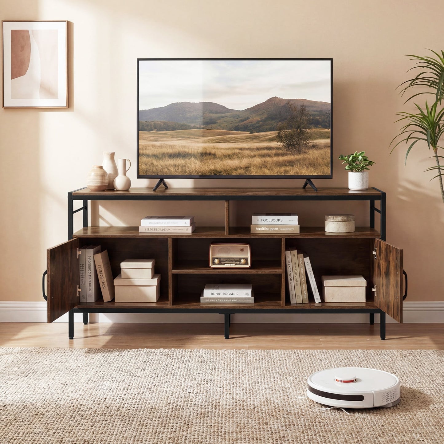 TV Stand for TVs up to 147 cm with 2 Storage Cabinets and 4 Open Shelves-Rustic Brown