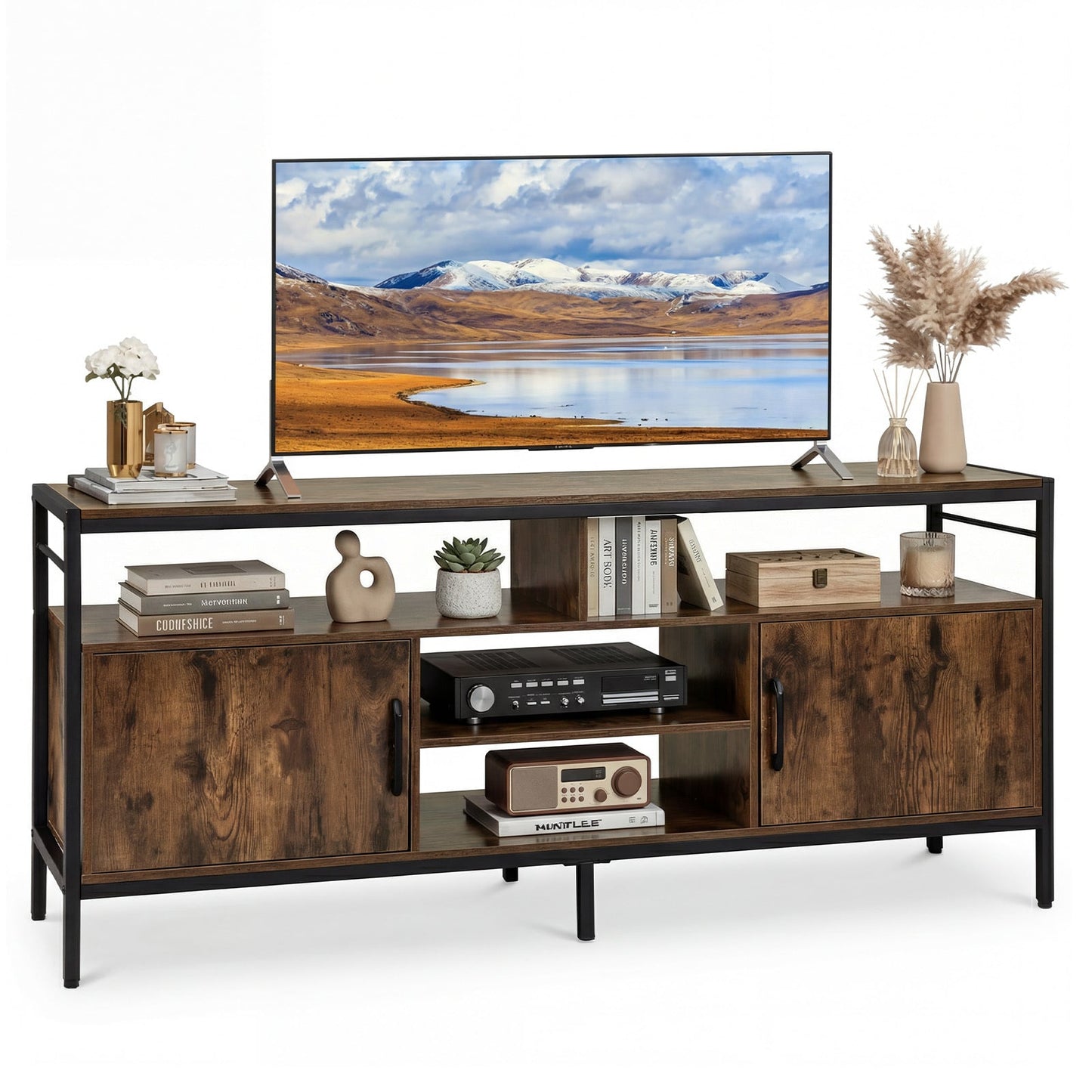 TV Stand for TVs up to 147 cm with 2 Storage Cabinets and 4 Open Shelves-Rustic Brown