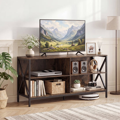 TV Stand for TVs up to 55" with 4 Open Shelves & Raised Metal Legs for Living Room-Rustic Brown
