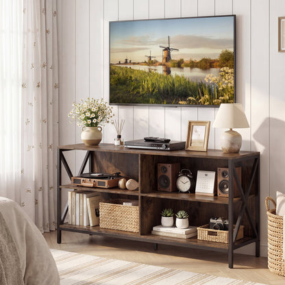 TV Stand for TVs up to 55" with 4 Open Shelves & Raised Metal Legs for Living Room-Rustic Brown