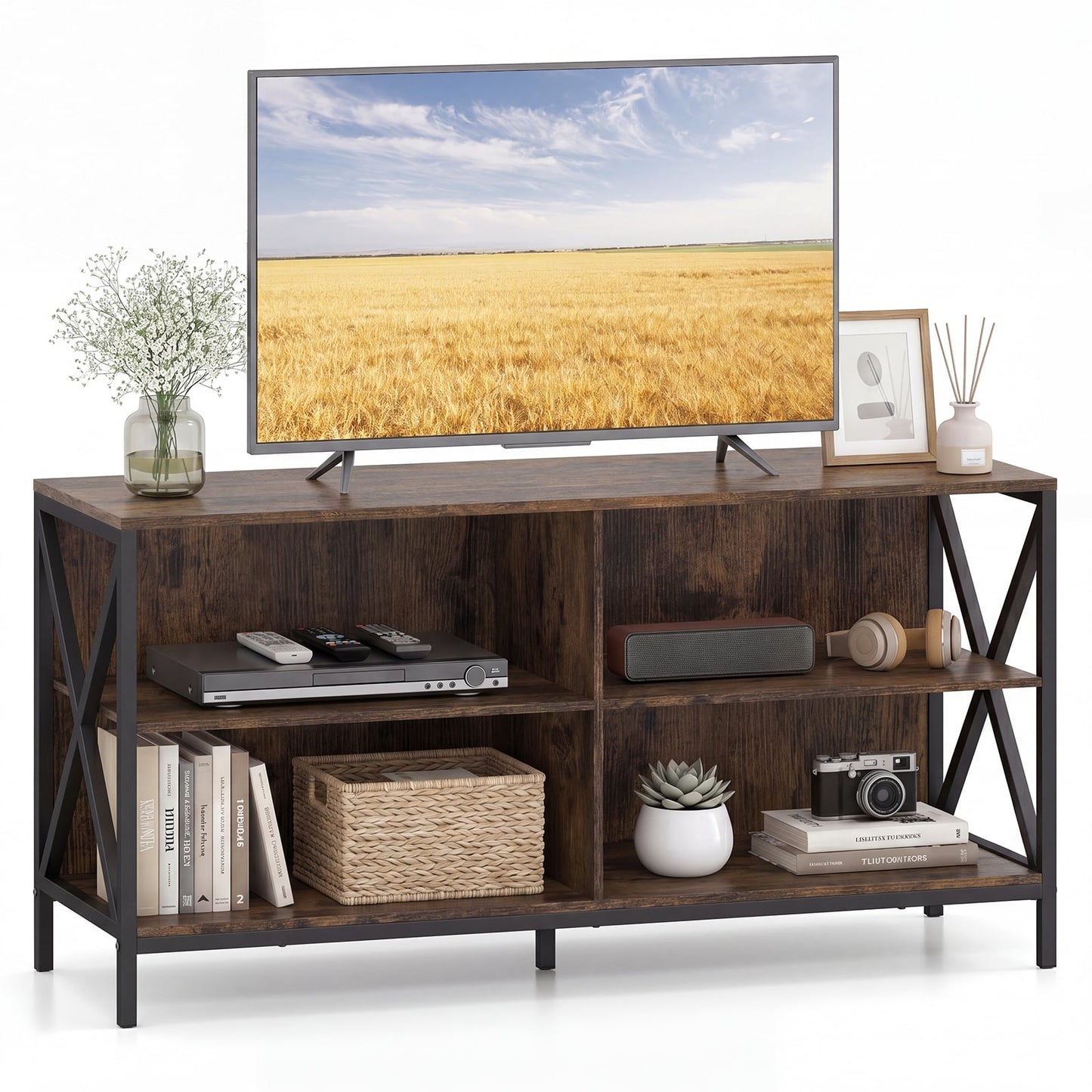 TV Stand for TVs up to 55" with 4 Open Shelves & Raised Metal Legs for Living Room-Rustic Brown