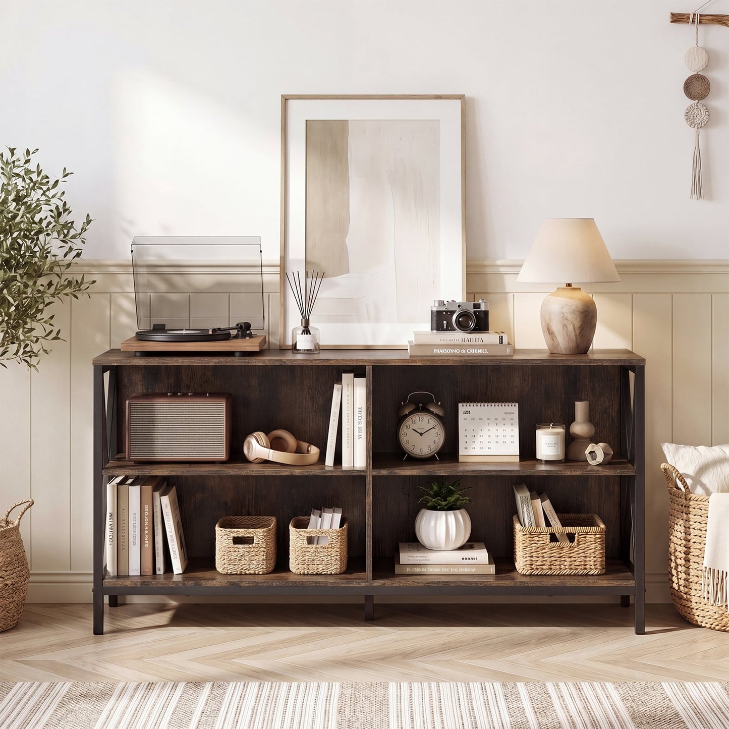 TV Stand for TVs up to 55" with 4 Open Shelves & Raised Metal Legs for Living Room-Rustic Brown