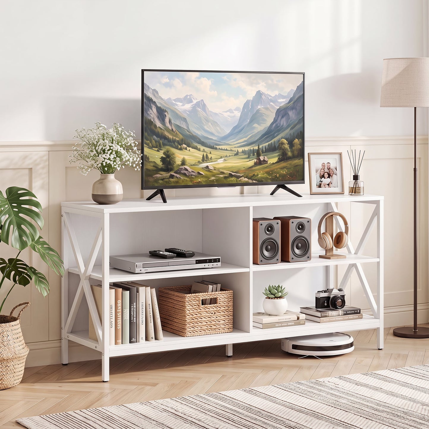 TV Stand for TVs up to 55" with 4 Open Shelves & Raised Metal Legs for Living Room-White