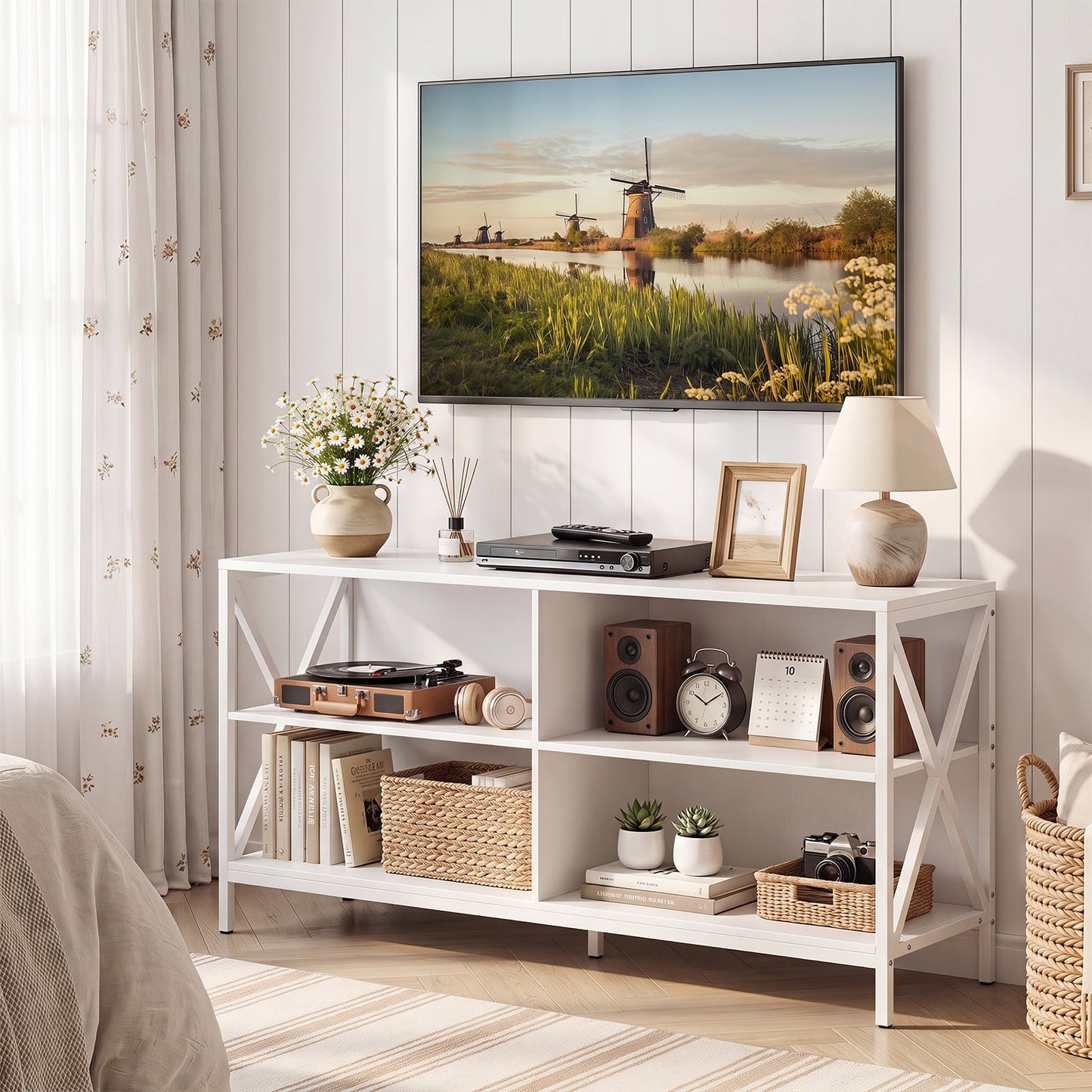 TV Stand for TVs up to 55" with 4 Open Shelves & Raised Metal Legs for Living Room-White