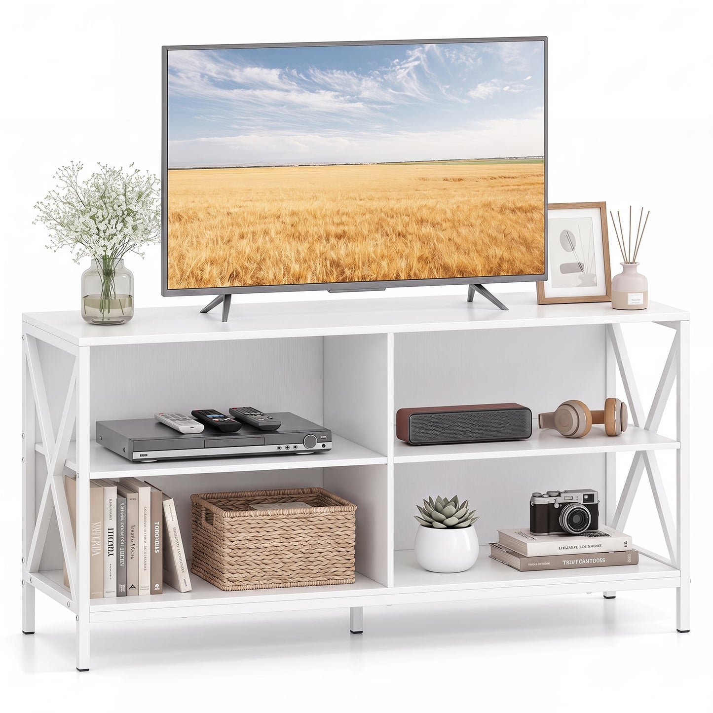 TV Stand for TVs up to 55" with 4 Open Shelves & Raised Metal Legs for Living Room-White