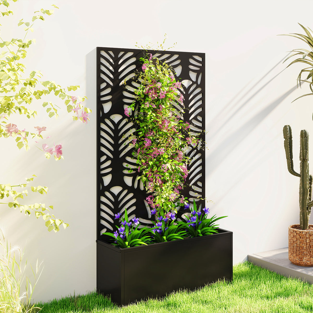Outsunny Metal Garden Bed for Garden with Trellis, Wall Mounted or Freestanding Raised Planter with Privacy Screen