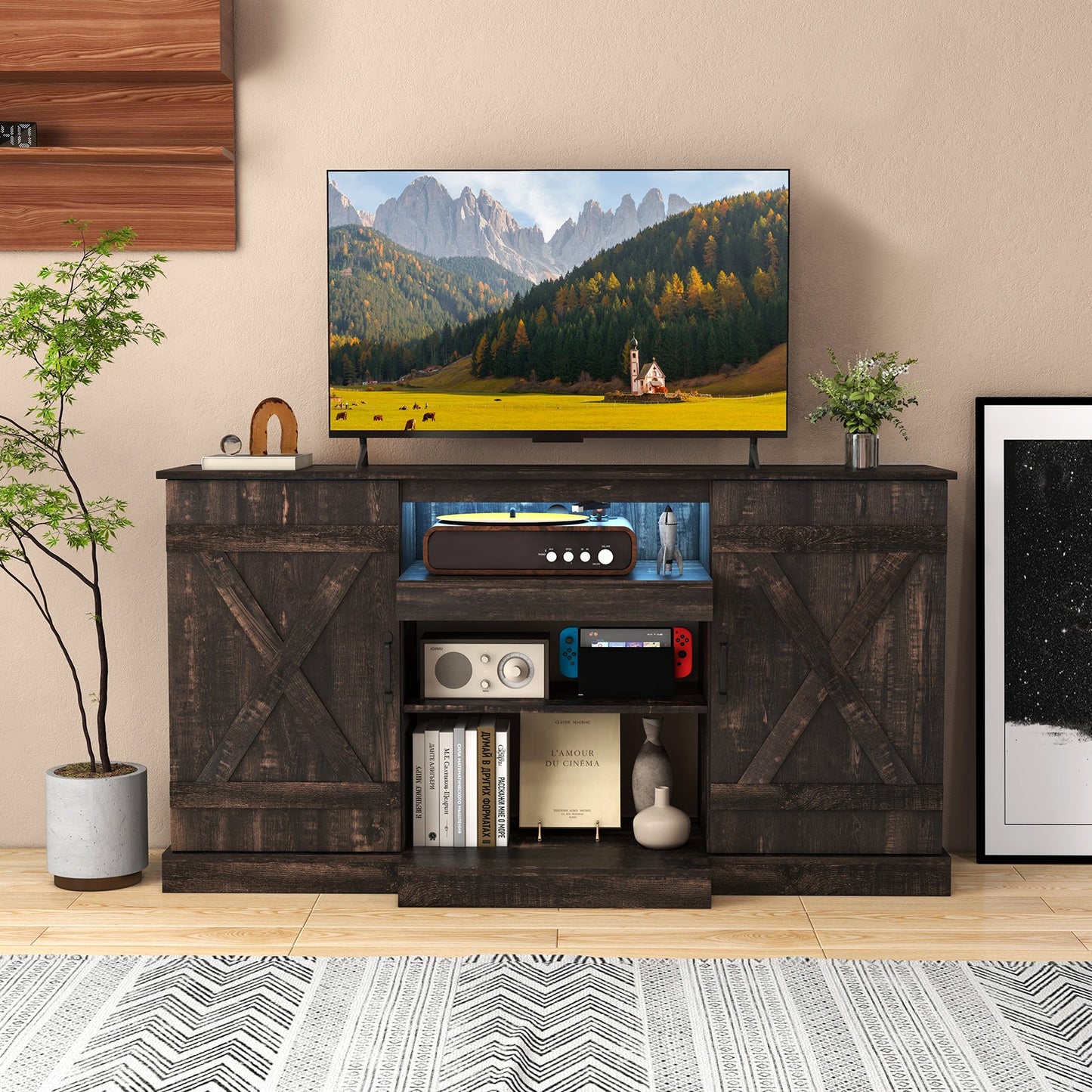 TV Cabinet with 3-Level Shelves for TVs up to 68 Inch-Oak