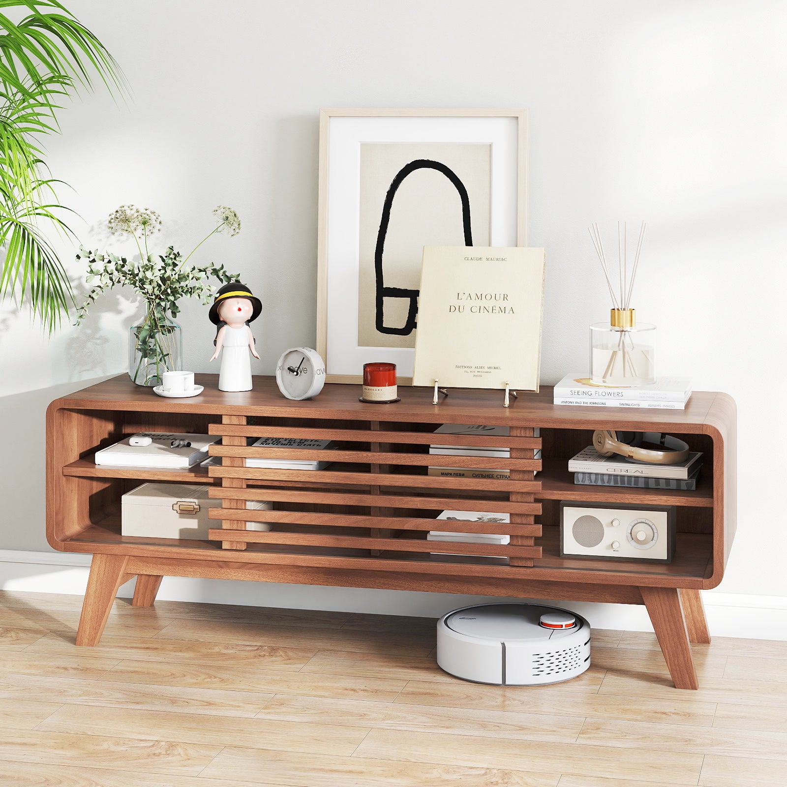 TV Stand for TVs up to 55 Inches Entertainment Center with Sliding Door-Walnut