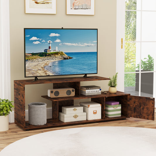 3-Tier Asymmetrical Media Console Table with Storage Shelves and Cabinet-Rustic Brown
