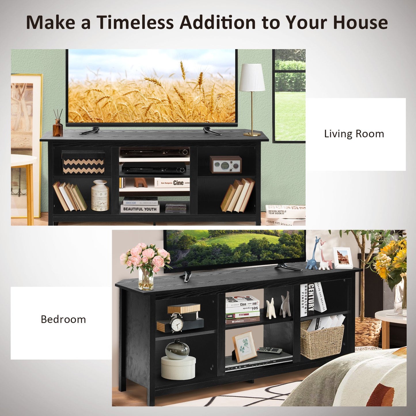 TV Stand for TVs up to 65 Inches with 6 Open Shelves-Black