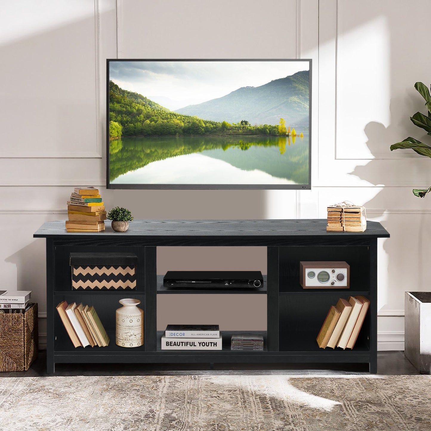 TV Stand for TVs up to 65 Inches with 6 Open Shelves-Black