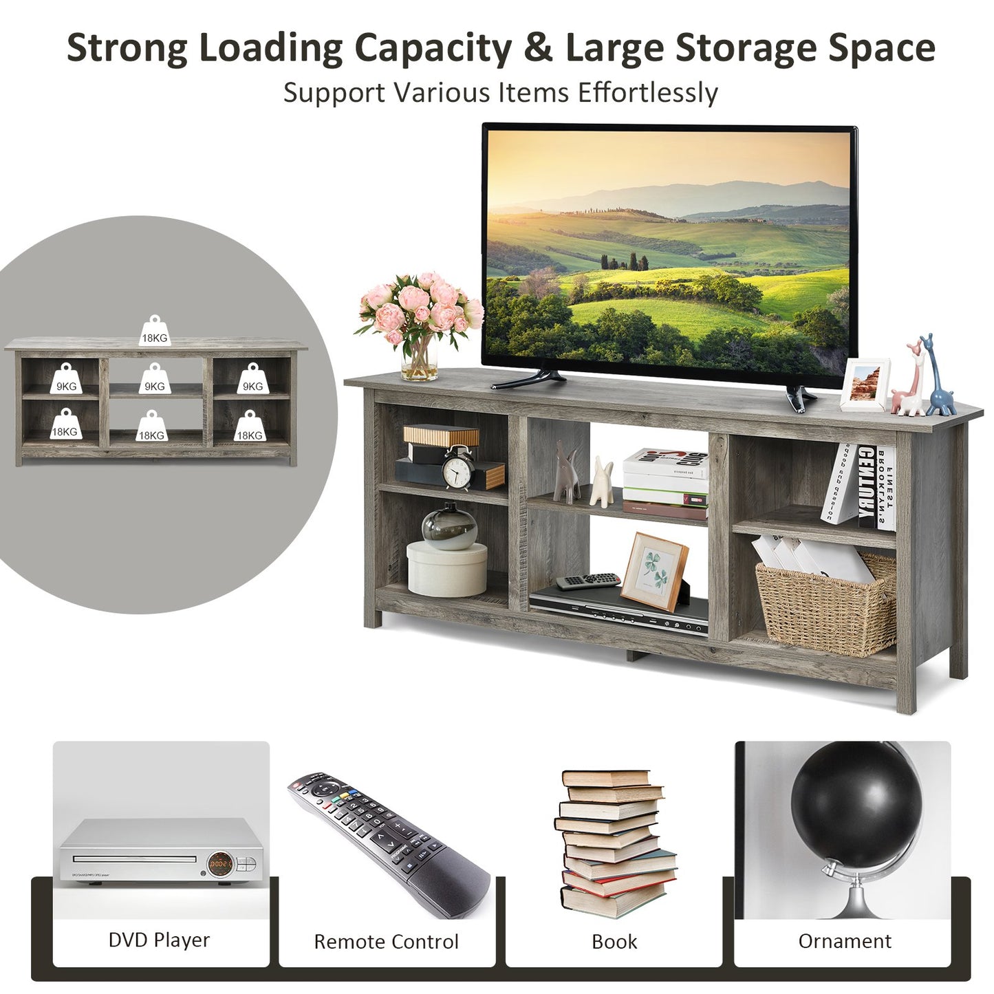 TV Stand for TVs up to 65 Inches with 6 Open Shelves-Grey