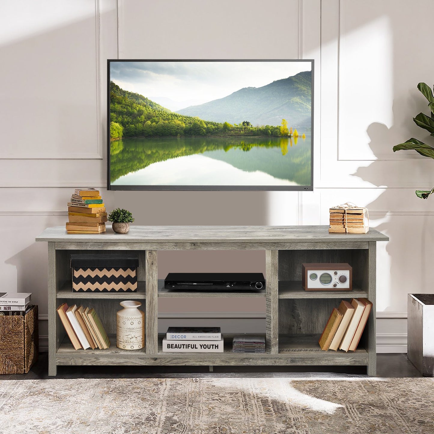 TV Stand for TVs up to 65 Inches with 6 Open Shelves-Grey