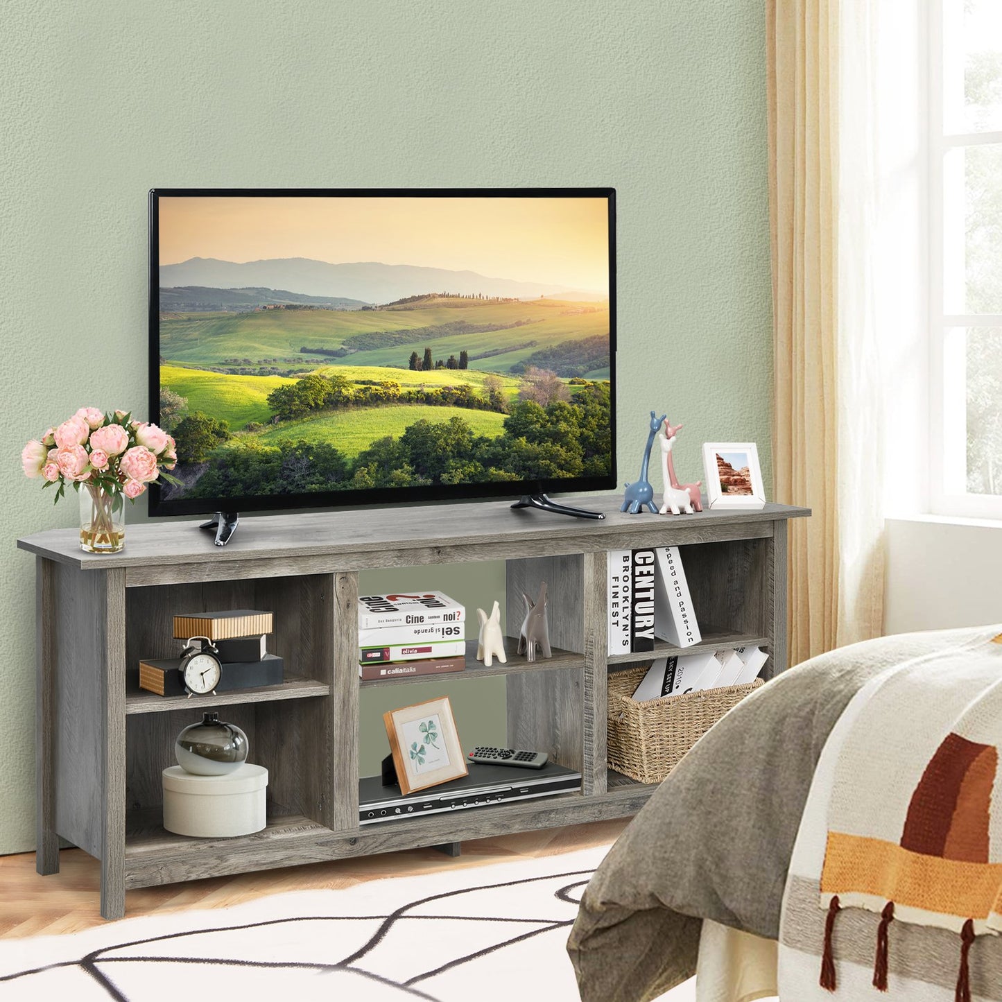 TV Stand for TVs up to 65 Inches with 6 Open Shelves-Grey