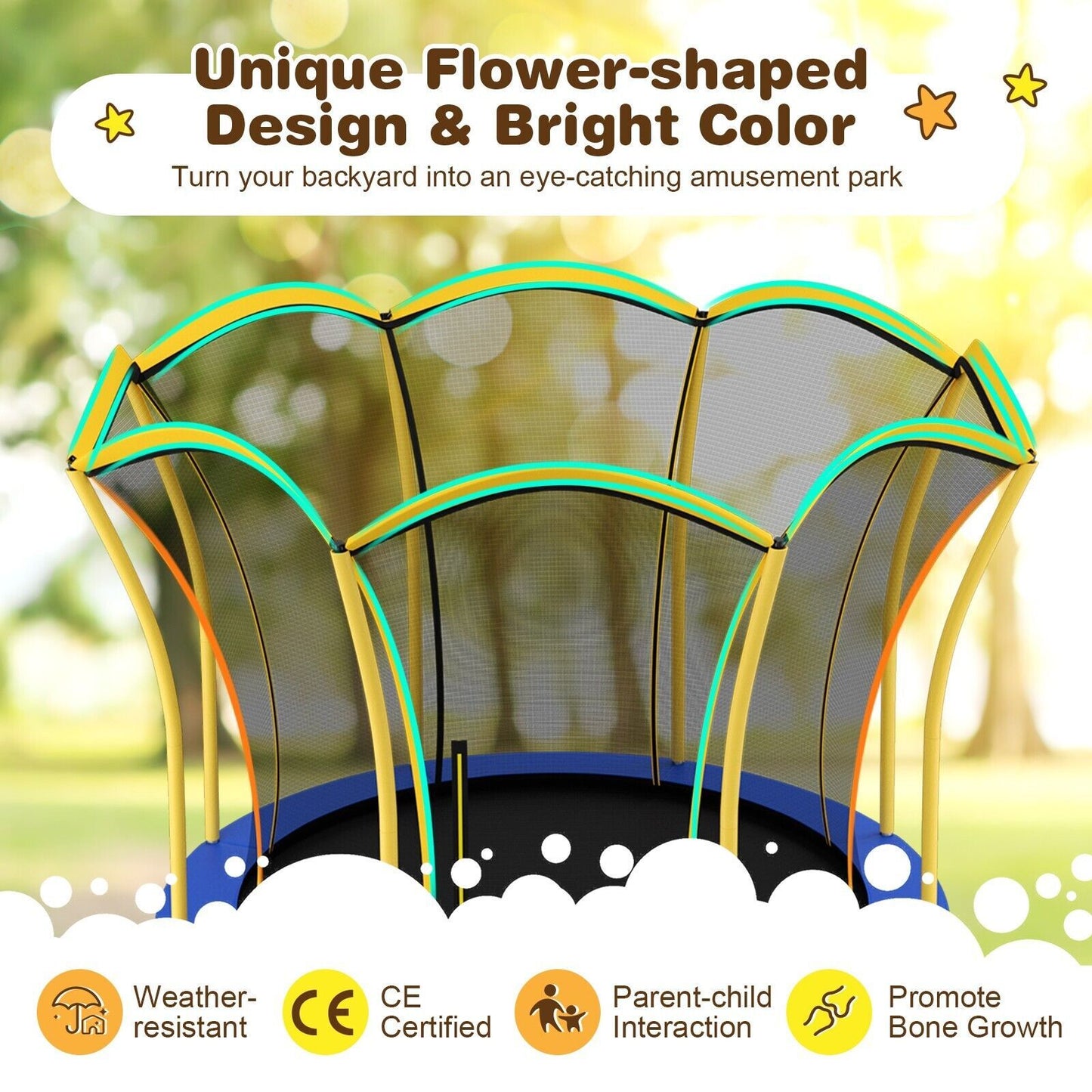 10 Feet Unique Flower Shape Trampoline with Galvanized Steel Frame-Yellow