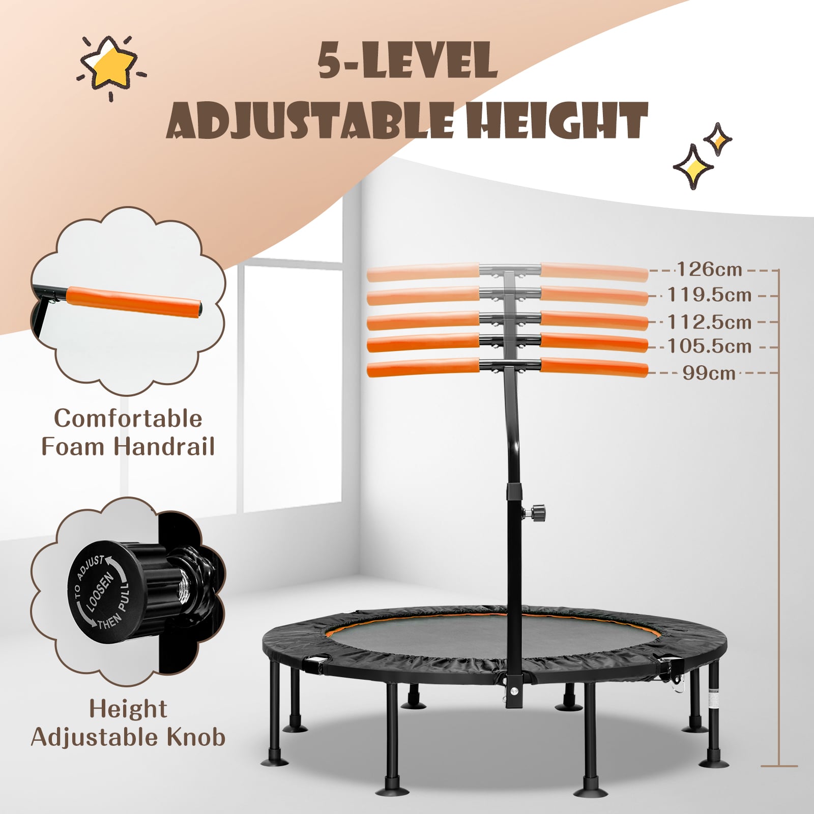 110 CM Mini Trampoline Bounce with Height Adjustable Handrail-Orange