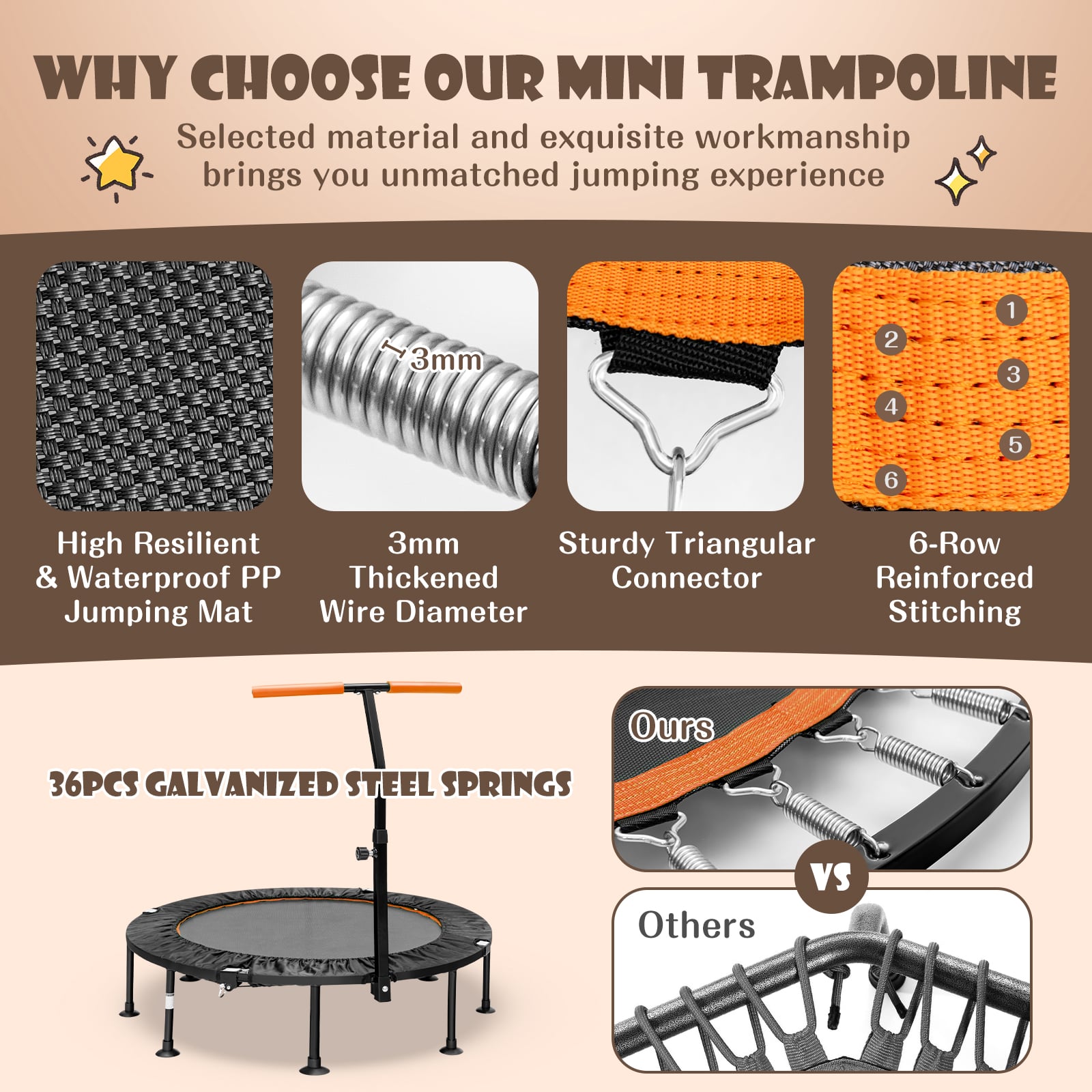 110 CM Mini Trampoline Bounce with Height Adjustable Handrail-Orange