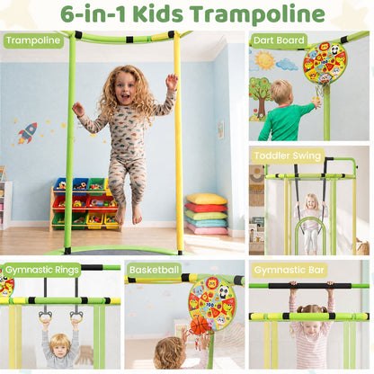 6-in-1 Kids Trampoline 140 cm Indoor Outdoor Trampoline with Swing-Yellow and Green