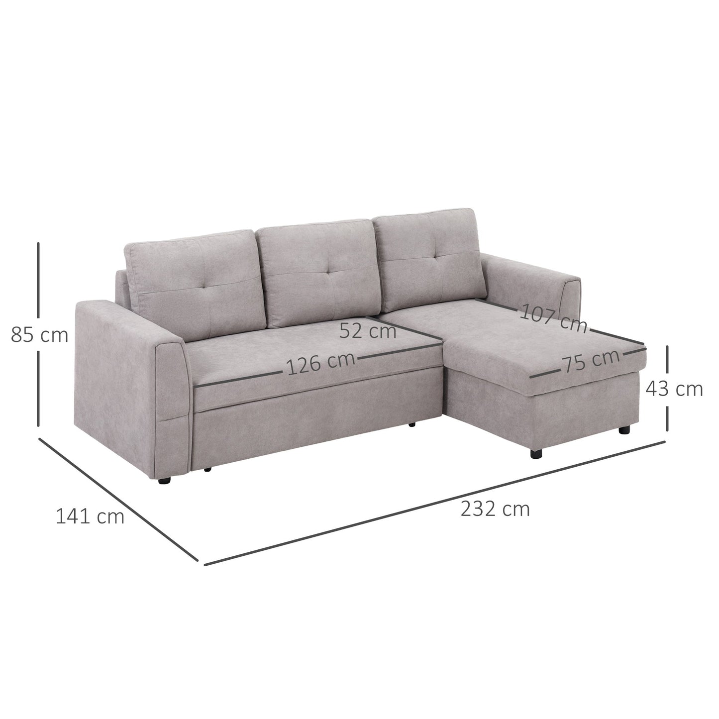 HOMCOM 3 Seater Sofa Bed, Pull Out Sofa Bed with Storage for Living Room, Light Grey