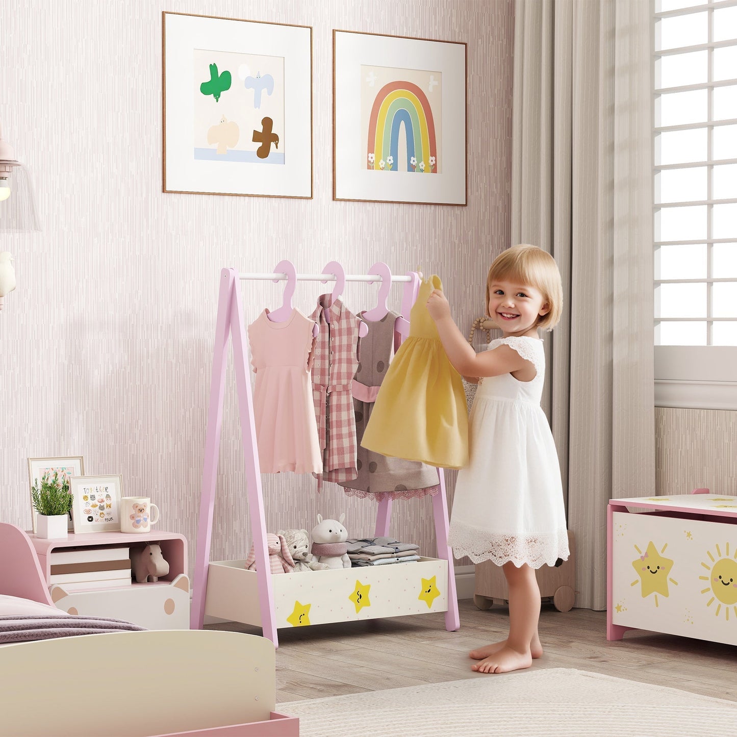 AIYAPLAY Baby Clothing Rack with Hangers, Storage Shelf for Bedroom, Star Theme, for Ages 3-6, Pink