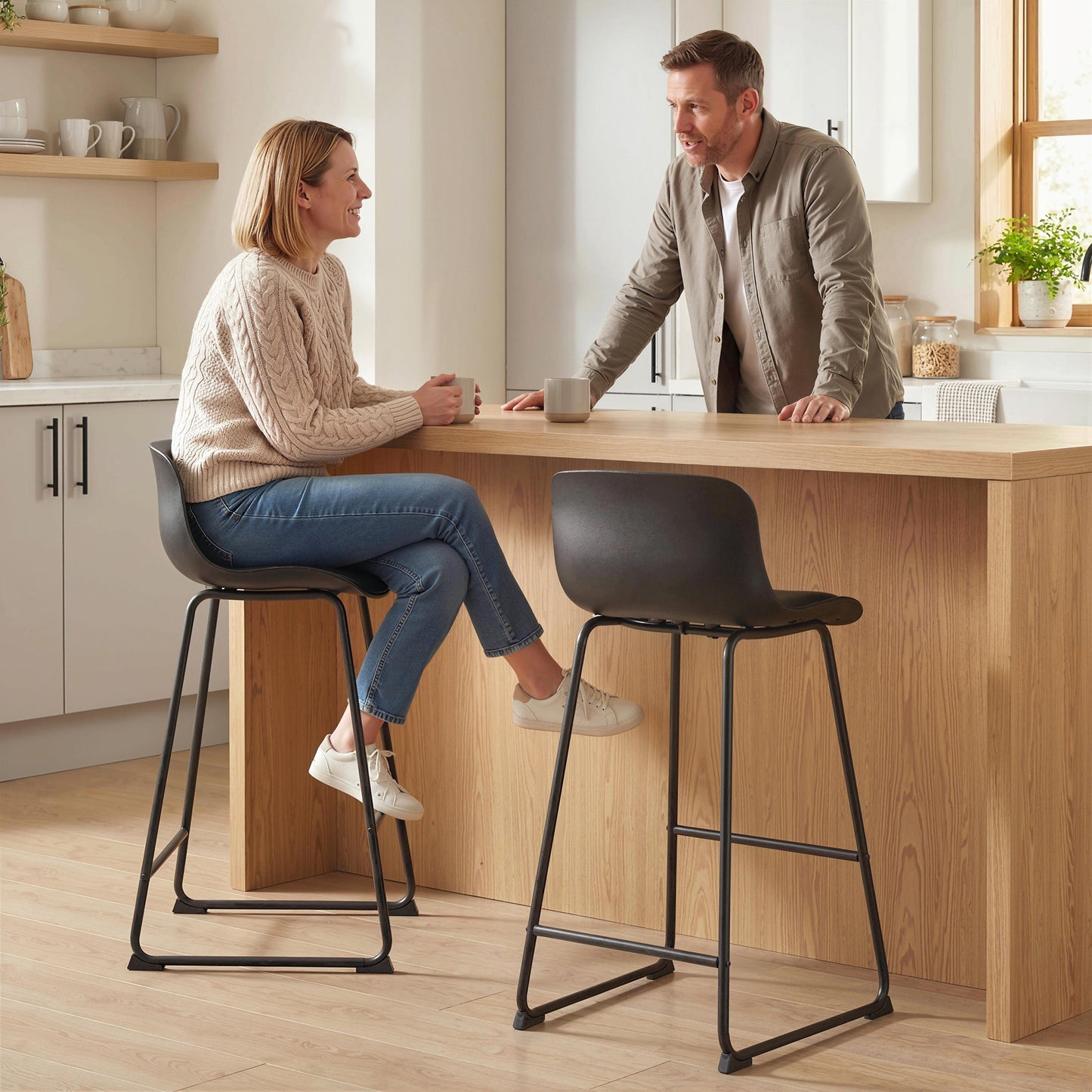 HOMCOM Modern Bar Stools Set of 2, PU Leather Barstools, Counter Height Kitchen Chairs for Breakfast Bars, Dining Room, Black