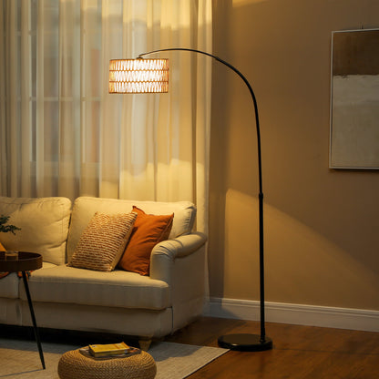 HOMCOM Rattanowa lampa podłogowa do salonu, lampa stojąca Farmhouse Arc z dwuwarstwowym kloszem i przełącznikiem nożnym, regulowana wysokość minimalistycznego klosza na wysokim słupku do sypialni, biura, czarna