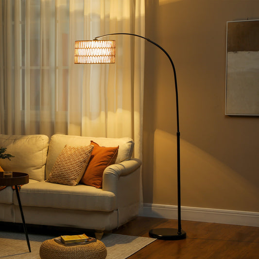 HOMCOM Rattanowa lampa podłogowa do salonu, lampa stojąca Farmhouse Arc z dwuwarstwowym kloszem i przełącznikiem nożnym, regulowana wysokość minimalistycznego klosza na wysokim słupku do sypialni, biura, czarna