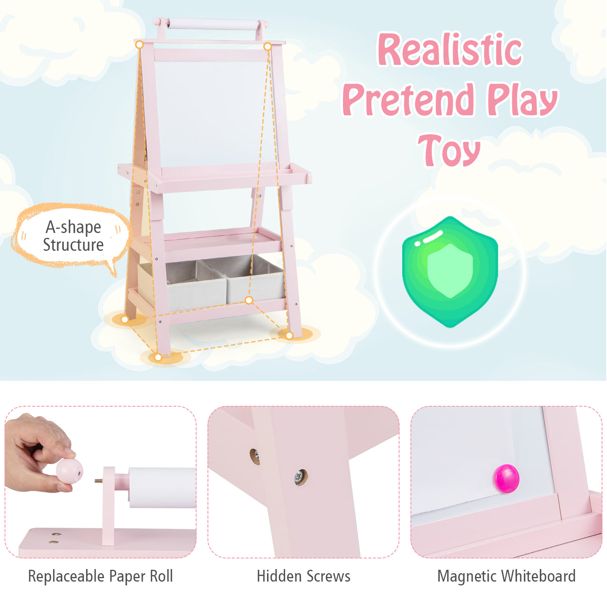 Children's Double-Sided Art Easel with Paper Roll-Pink