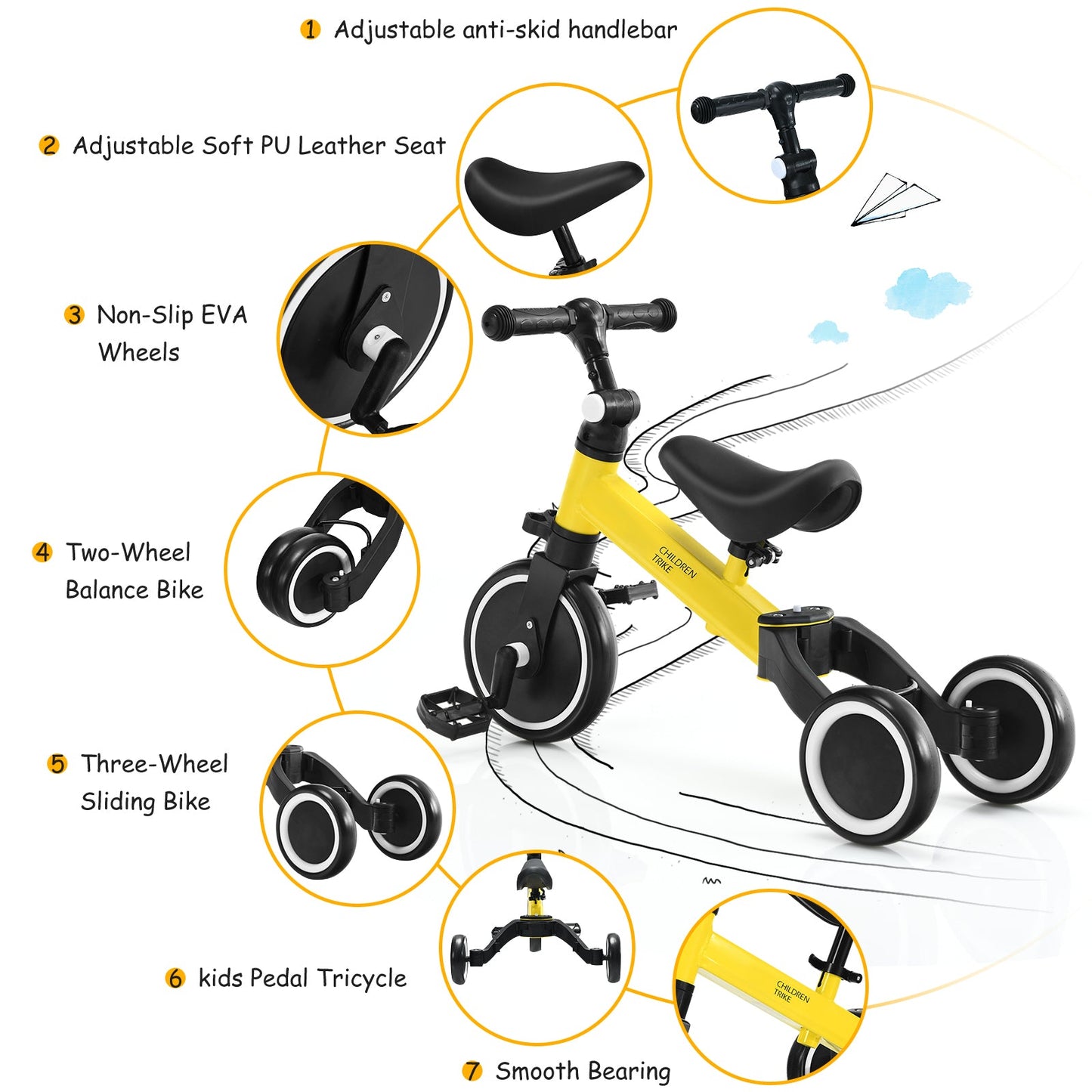 Convertible Balance Bike Kids Trike with Detachable Pedal for 1-4 Years Old Kids-Yellow