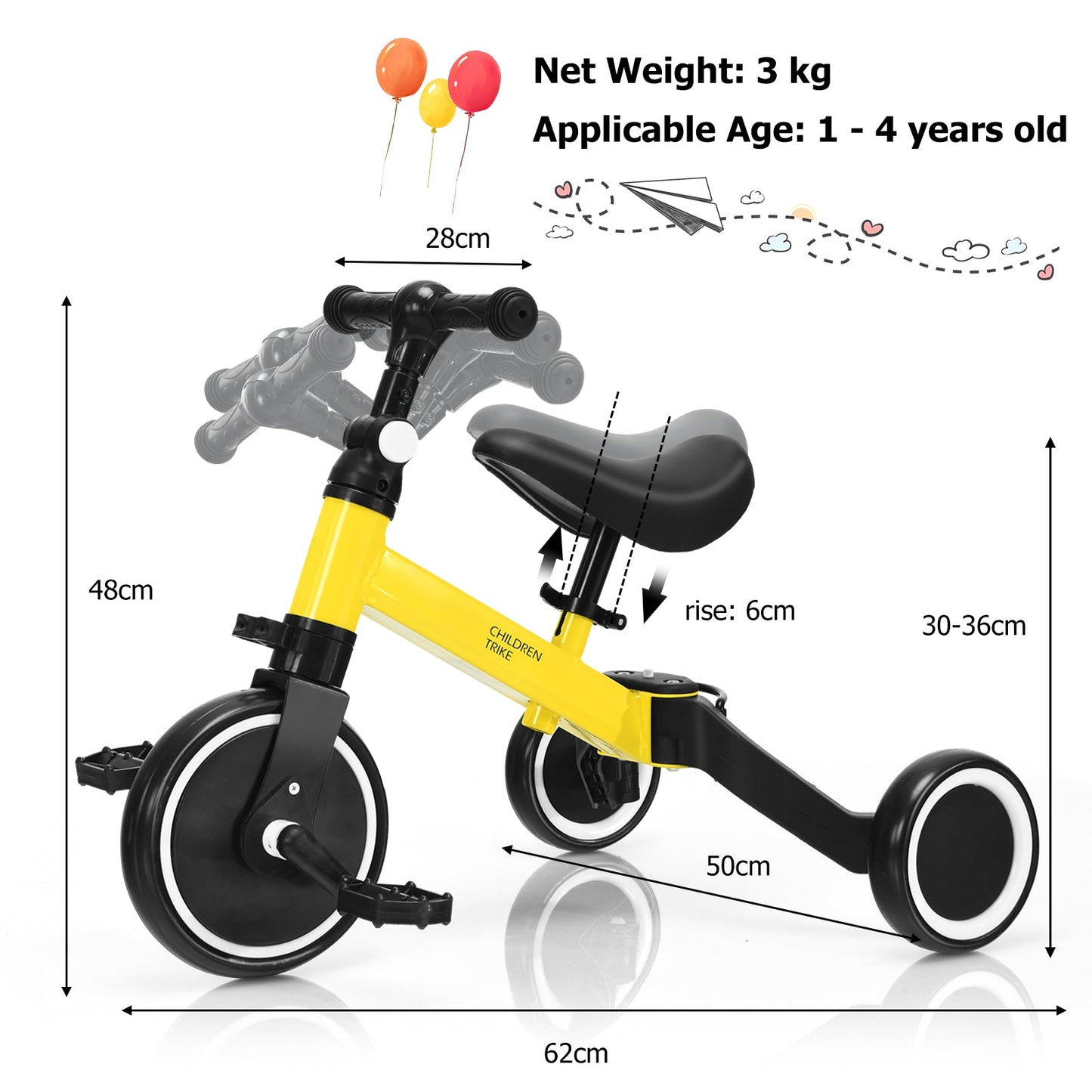 Convertible Balance Bike Kids Trike with Detachable Pedal for 1-4 Years Old Kids-Yellow