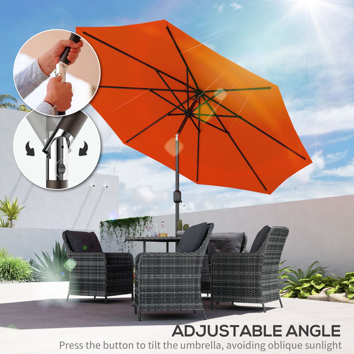Outsunny 3 m Parasol ogrodowy, zewnętrzny parasol przeciwsłoneczny z 8 żebrami, uchwytem uchylnym i korbowym na balkon, ławka, ogród, pomarańczowy