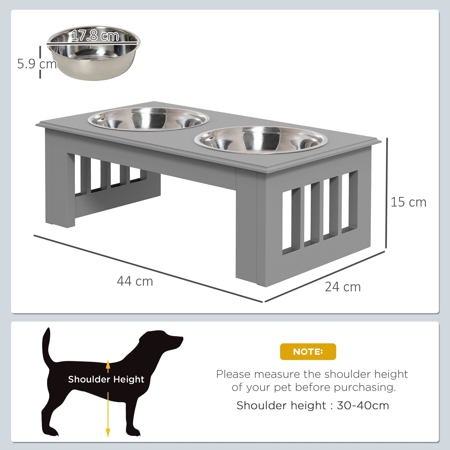 PawHut Raised Dog Feeding Bowls with Stand, Stainless Steel for Extra Small and Small Dog, 44L x 24W x 15H cm - Grey