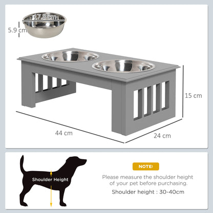 PawHut Raised Dog Feeding Bowls with Stand, Stainless Steel for Extra Small and Small Dog, 44L x 24W x 15H cm - Grey