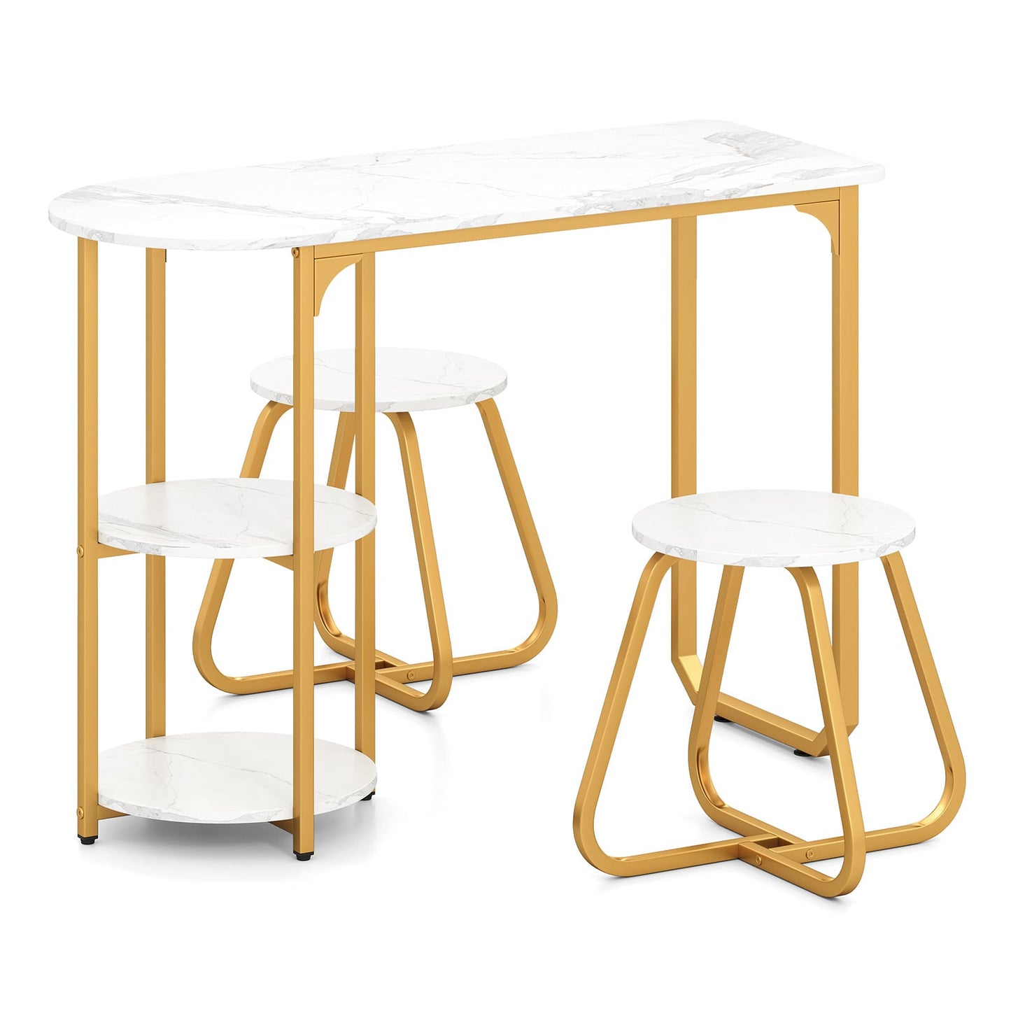 Table and 2 Bar Stools Set with Adjustable Legs for Kitchen-White