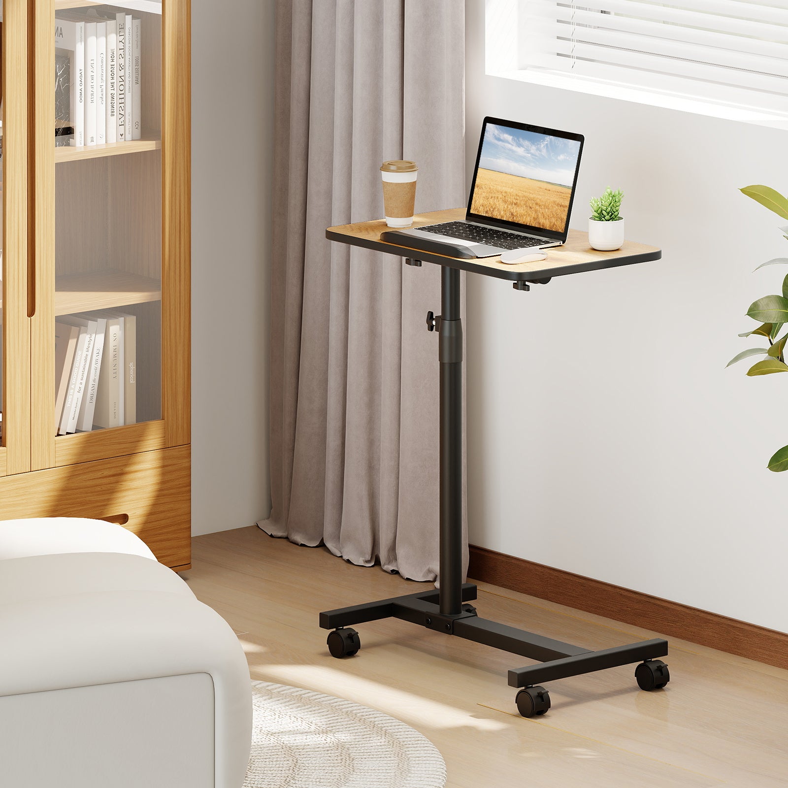 Overbed Table Tilting Bedside Table with Lockable Wheels Adjustable Height-Brown