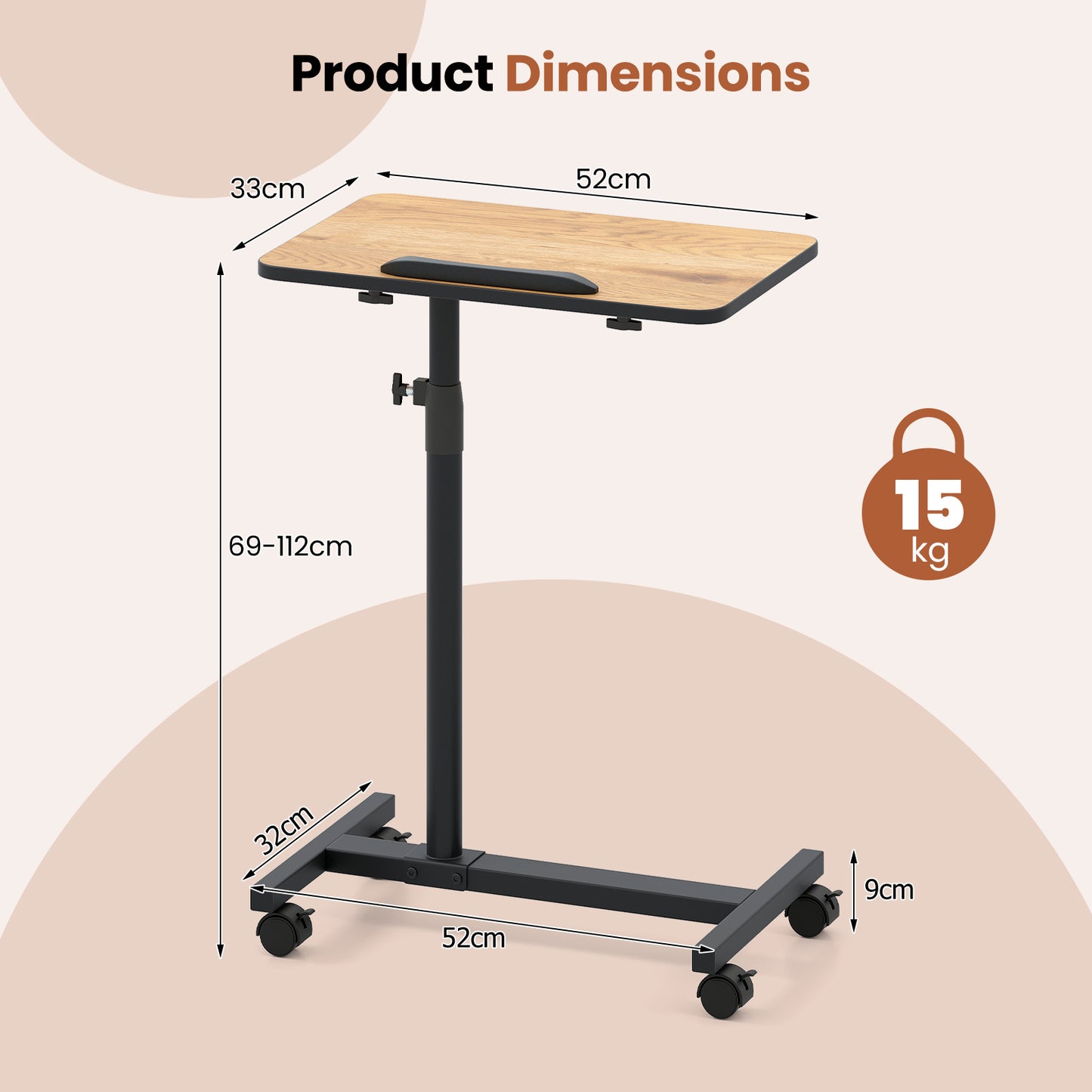Overbed Table Tilting Bedside Table with Lockable Wheels Adjustable Height-Brown