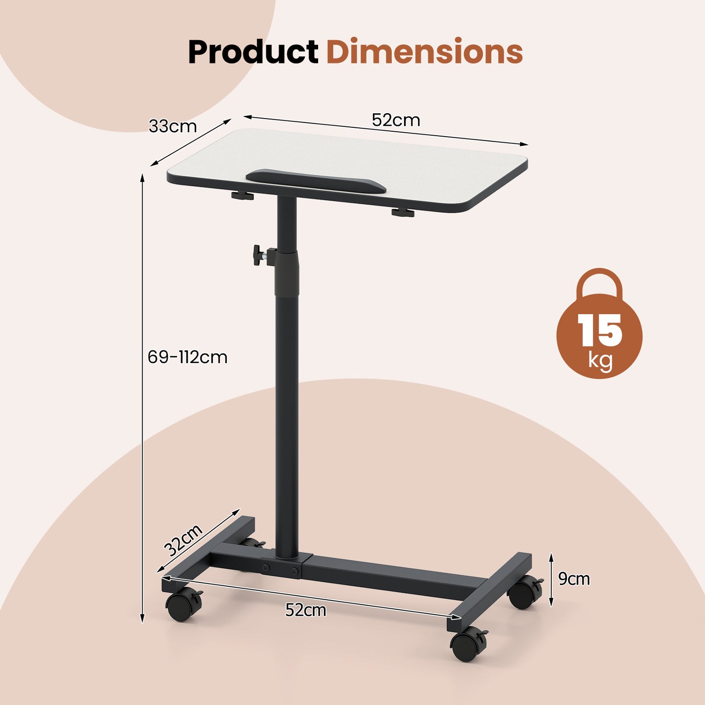 Overbed Table Tilting Bedside Table with Wheels Adjustable Height-Grey