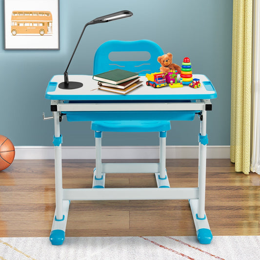 Height Adjustable Kids Study Table and Chair Set with Tilting Tabletop-Blue