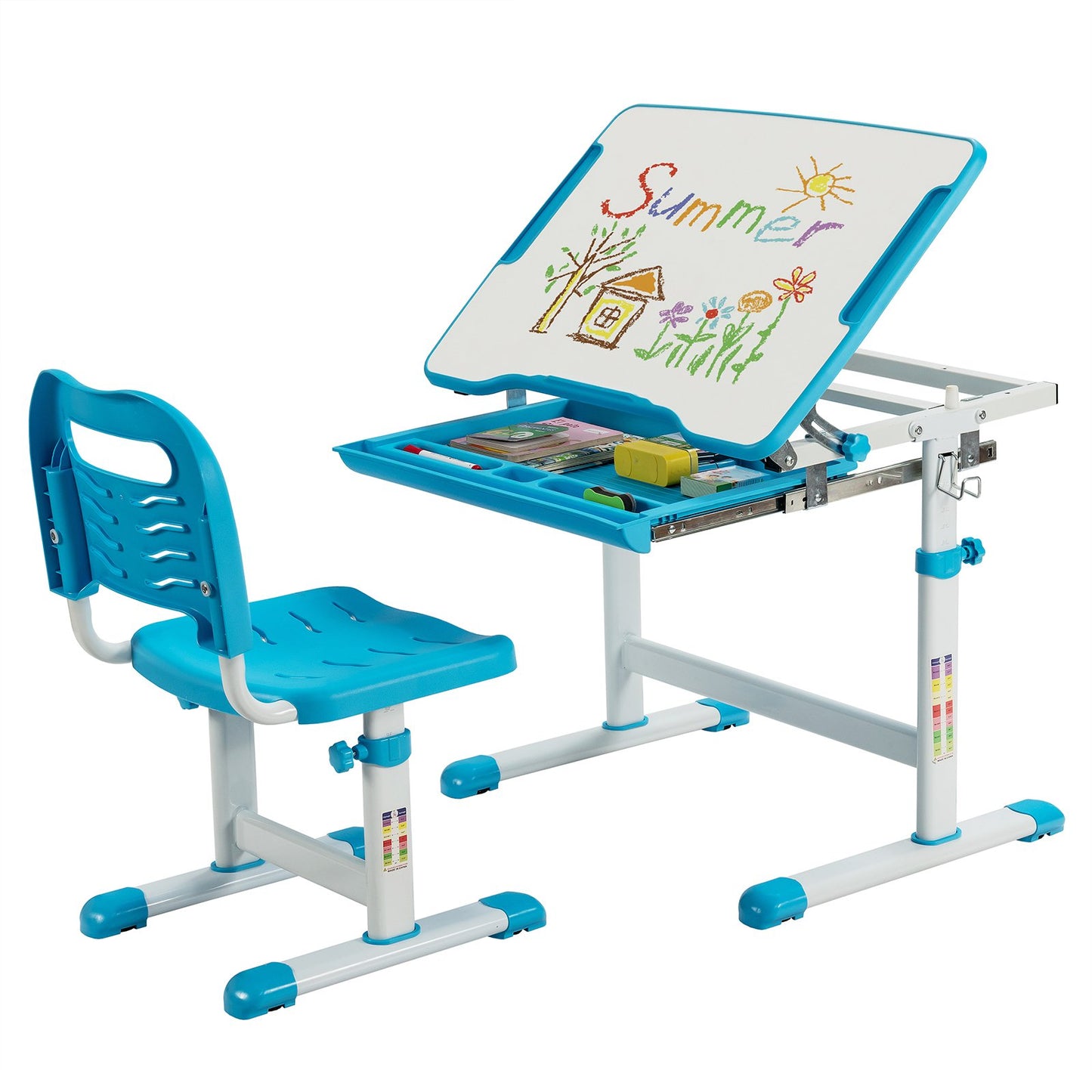 Height Adjustable Kids Study Table and Chair Set with Tilting Tabletop-Blue