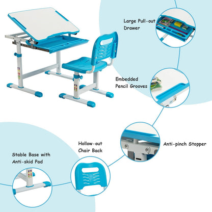 Height Adjustable Kids Study Table and Chair Set with Tilting Tabletop-Blue