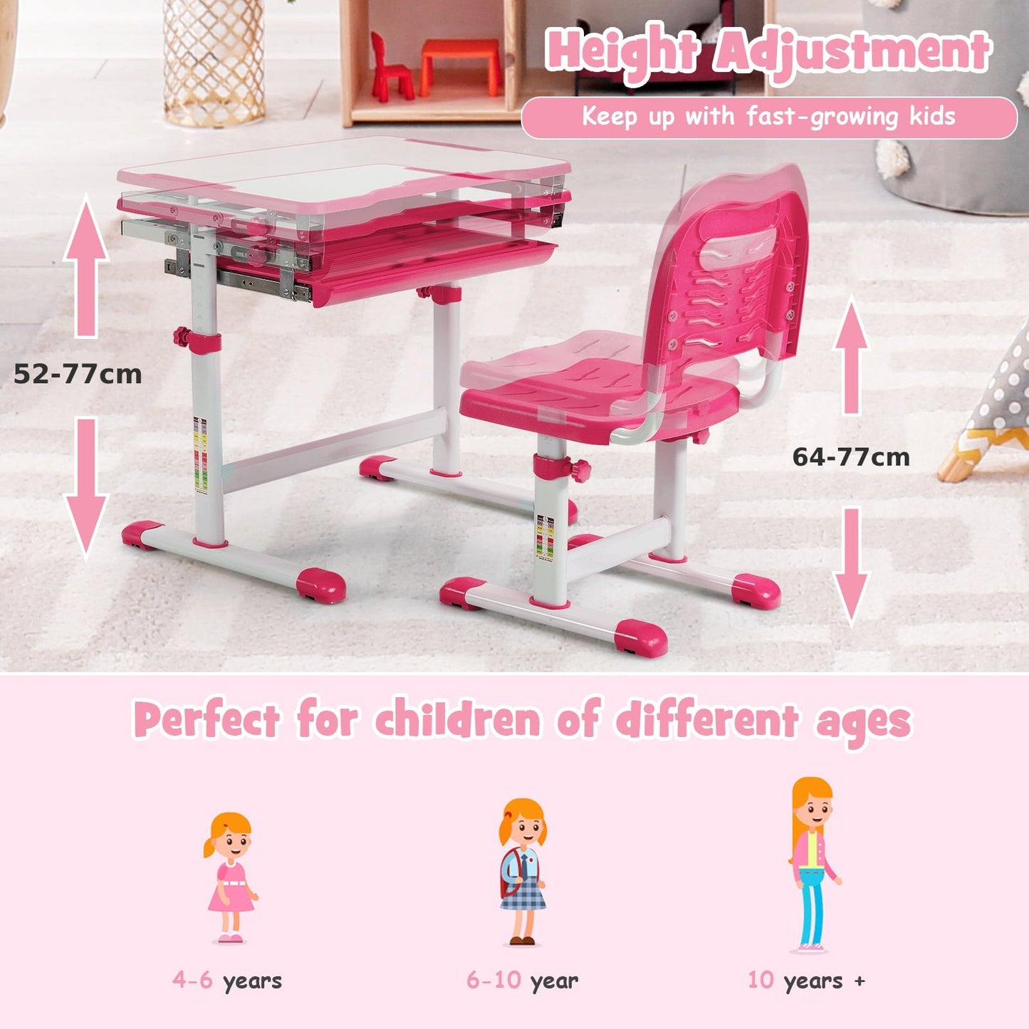 Height Adjustable Kids Study Table and Chair Set with Tilting Tabletop-Pink