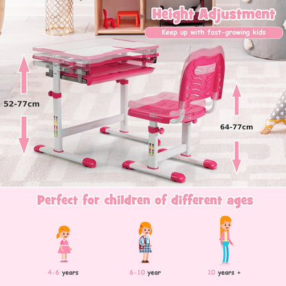 Height Adjustable Kids Study Table and Chair Set with Tilting Tabletop-Pink