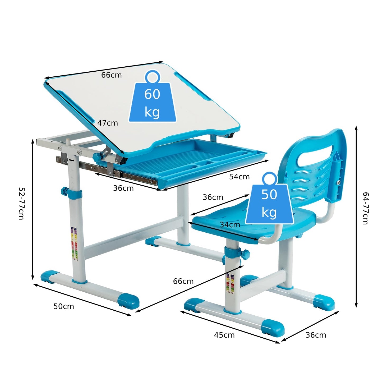 Height Adjustable Kids Study Table and Chair Set with Tilting Tabletop-Blue