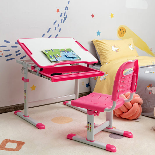 Height Adjustable Kids Study Table and Chair Set with Tilting Tabletop-Pink