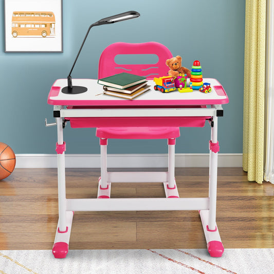 Height Adjustable Kids Study Table and Chair Set with Tilting Tabletop-Pink